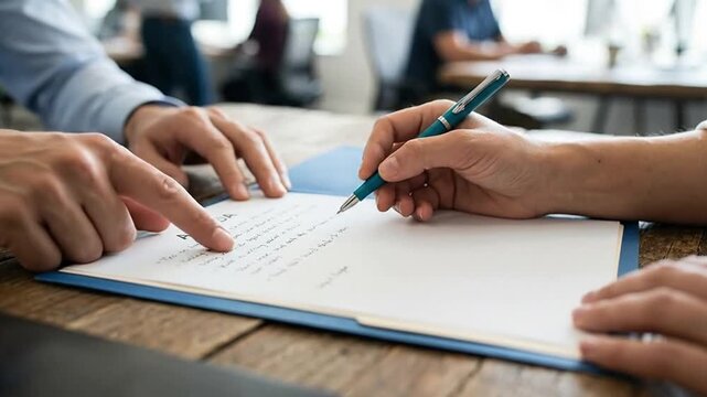 Business professional signing a contract document with guidance, symbolizing agreement and legal transaction