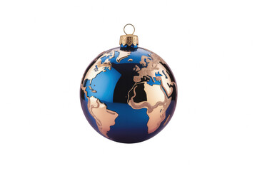 Beautiful blue and gold Christmas ornament representing a detailed globe of the Earth, ideal for holiday decorations, on transparent background. on transparent background