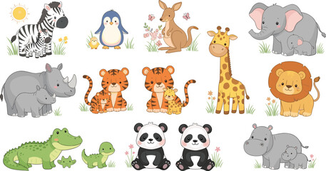 Fototapeta premium Cute Wild Safari Animals Collection Cartoon Jungle Wildlife Characters Vector Illustration Set