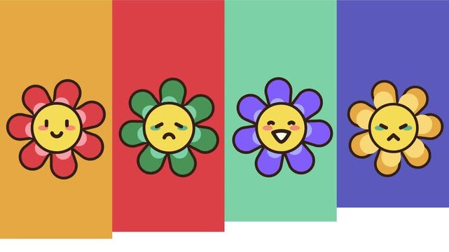 4K video expressive eyes and mouth, smiling, crying and angry character face expressions on colorful sunflower with colorful retro background