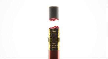Obraz premium Broken pencil eraser isolated on a white background with focus on the jagged edges and metal ferrule, showcasing a minimalist composition