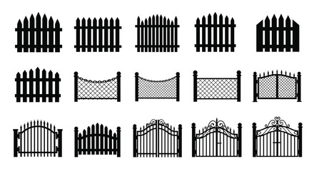 Collection of various fence and gate designs in black silhouette, Generative AI.