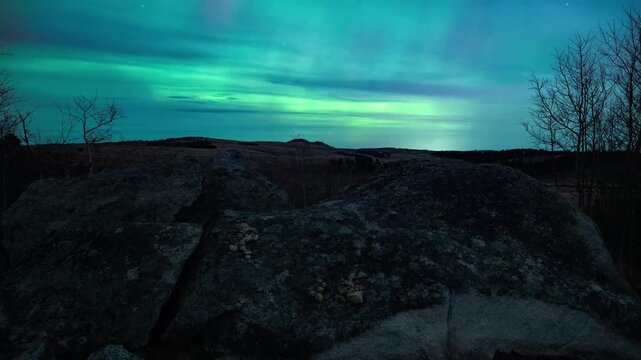 Bands of green and pink northern lights moving over a large boulder and bare trees at night, Montana, time lapse