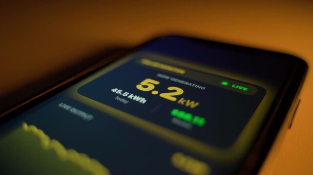 Mobile app showing solar panel power output close-up. Solar panel efficiency indicators