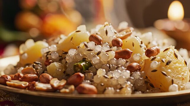 Savory Indian Sabudana Khichdi with Potatoes Peanuts and Spices served in a Brass Plate with a Diya Flame in the Background creating a Warm Festive Ambiance