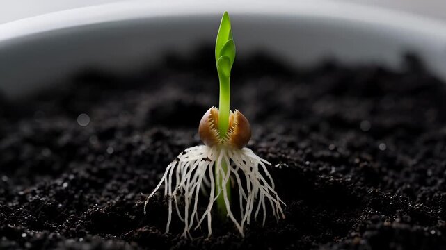 seed sprouting in soil time-lapse macro closeup of a corn kernel germinating with white roots and a green shoot emerging.