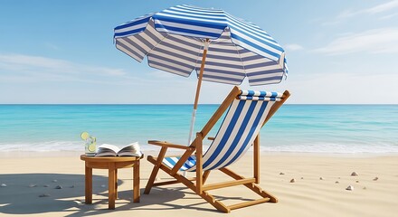 Obraz premium Relaxing beach scene features a striped sun lounger shaded by a parasol beside the ocean