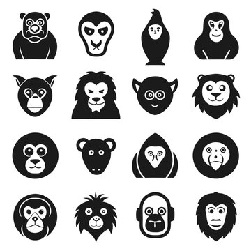 Collection of stylized monkey head icons in black and white