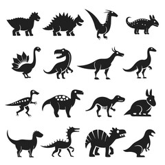 Silhouetted Dinosaur Icons Isolated on White Background, Set Design © Xihan