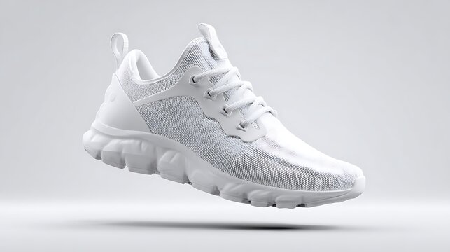 White sneaker with modern design floating on a plain background. Product mockup for footwear design.