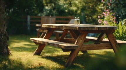 Fototapeta premium A sturdy, wooden picnic table in a sunny backyard, set for a summer barbecue, 8k, realistic, full ultra HD, high resolution, cinematic photography