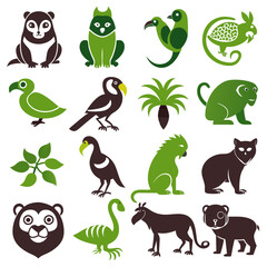 Fototapeta premium Stylized Animal Icons Collection in Green and Brown Colors