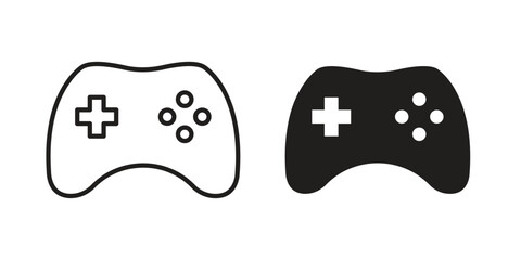 Game controller icon, line pictogram on white. © basit