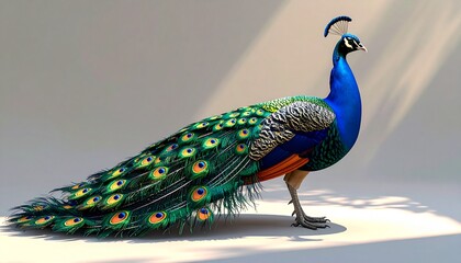 Obraz premium Hyperrealistic, colorful peacock illustration, vibrant plumage with blues, greens, and golds, detailed feathers, lifelike lighting and shadows, majestic pose, photorealistic style, high-resolution.