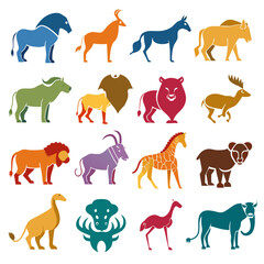 Fototapeta premium Colorful Flat Animal Icons Set on Isolated White Background