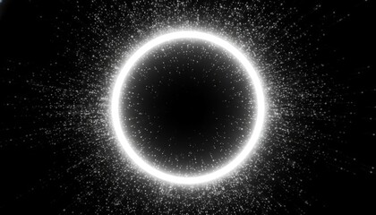 Naklejka premium Bright white neon ring with silver spark particles, glowing aura, deep black background