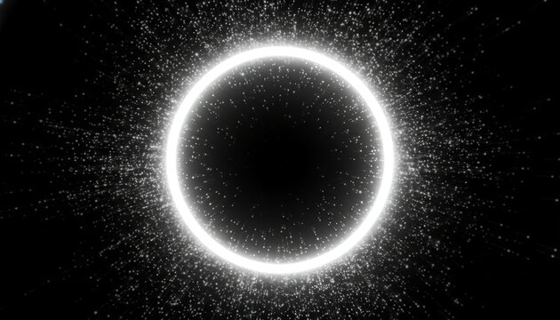 Bright white neon ring with silver spark particles, glowing aura, deep black background