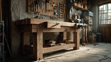 Obraz premium A sturdy, wooden workbench with a vise and clamps in a garage workshop, with tools hanging on the wall behind, 8k, realistic, full ultra HD, high resolution, cinematic photography