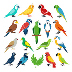 Colorful flat vector illustration of assorted tropical parrot birds © Xihan