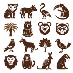 Fototapeta premium Collection of animal and plant icons in flat brown style