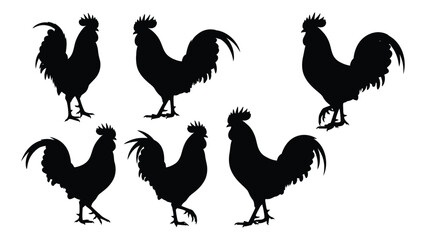 Six black silhouettes of roosters standing in different positions © SILHUETTECHEMBER