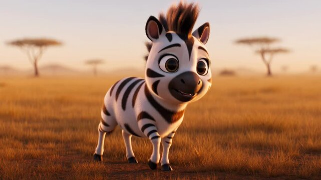 Animated baby zebra standing in african savannah during sunset with golden light cartoon style and playful happy expression