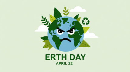 Fototapeta premium Angry earth day illustration with frowning globe and green leaves on light green background