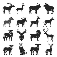 Fototapeta premium Diverse collection of stylized monochrome animal icon silhouettes