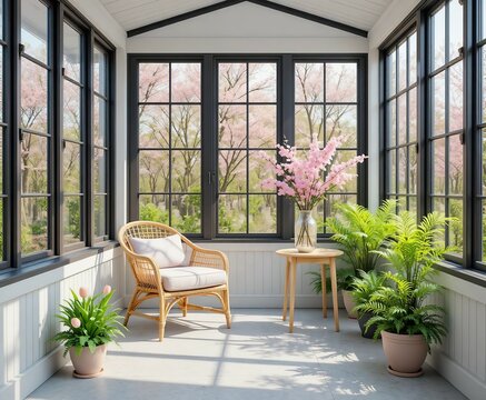 Luxury home architecture featuring a wooden dining table and chairs indoors near a window overlooking a sunny patio garden with flowers