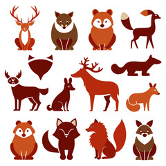 Fototapeta premium Flat woodland animals vector illustration set on white background