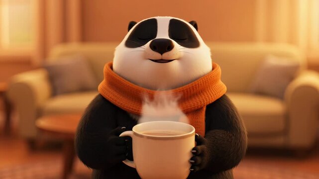 Cartoon badger enjoying hot drink inside at home feeling warm and relaxed on a cold day happy and cozy