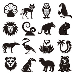 Fototapeta premium Collection of sixteen stylized black and white animal icons