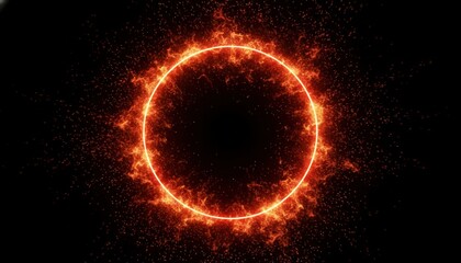 Fototapeta premium Fiery neon circular ring, orange and red glowing sparks radiating outward, cinematic dark background