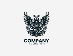 Guardian angel behind modern soldier black vector logo illustration isolated on white background