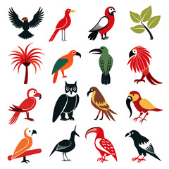 Fototapeta premium Collection of Stylized Tropical Bird Vector Icons on White