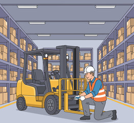 Naklejka premium Concept Vector Illustration of a Forklift Operator.