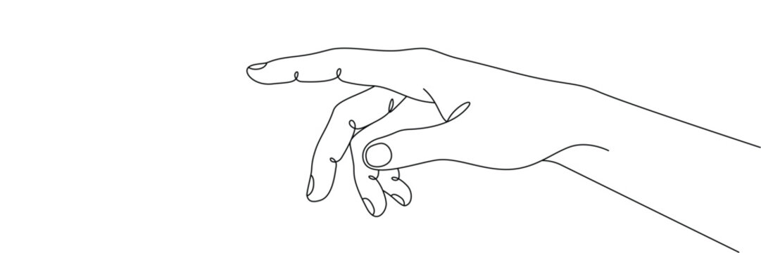 Continuous one line drawing of a human hand pointing finger reaching forward in minimalist style. Editable stroke outline. Single contour art. Doodle hand drawn vector illustration
