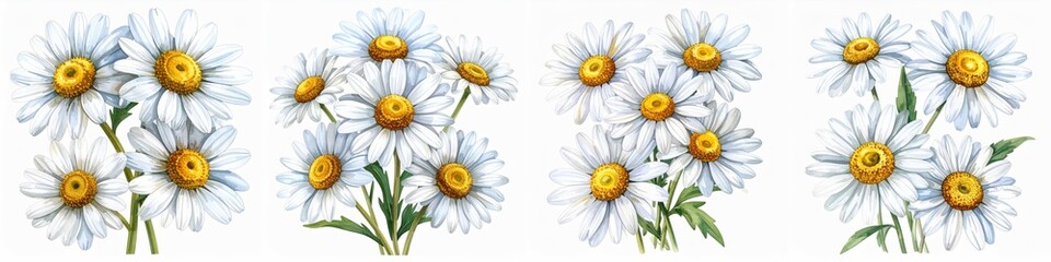Fototapeta premium White daisy flowers with bright yellow centers and fresh green leaves painted in soft watercolor botanical style isolated on clean white background