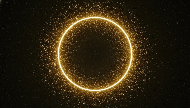 Golden neon glowing circular ring, tiny glowing particle sparks radiating from the edges, black background