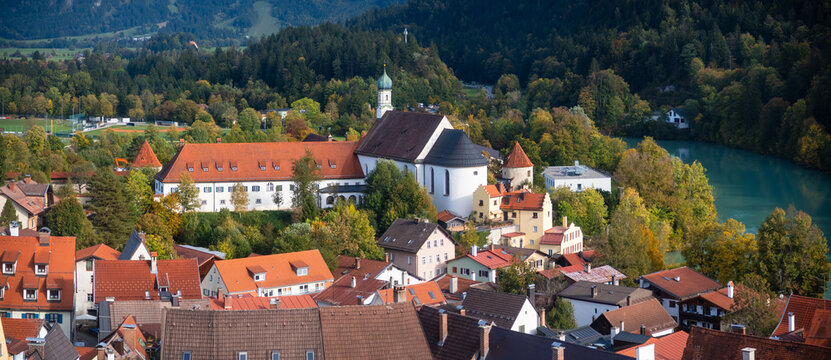 Fuessen old town panorama viewing St. Mang's Abbey