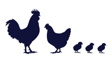 A rooster and a hen with three chicks © SILHUETTECHEMBER