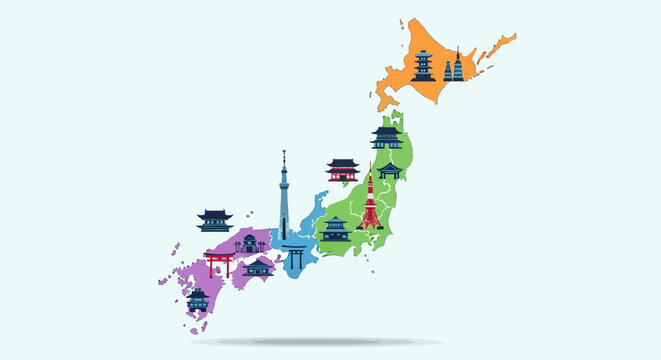 Japan Map with Landmarks and Regions Illustrated
