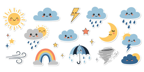 Naklejka premium Weather cartoon illustration, smiling sun clouds rain lightning rainbow moon tornado wind stars umbrella artwork, playful children’s design vector