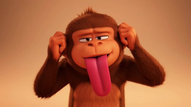 Funny cartoon monkey sticking out tongue and making silly face in animated 3d rendering on a peach colored background