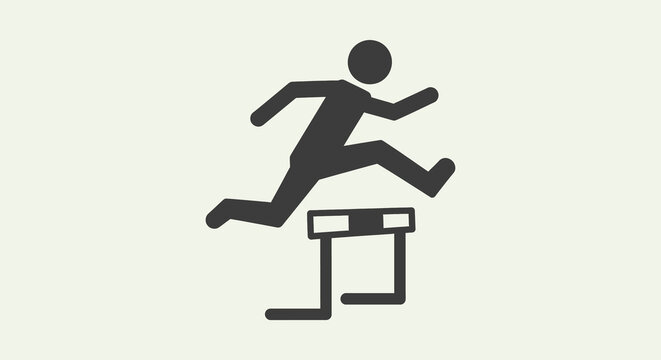 Dynamic stick figure icon depicting a runner leaping over a hurdle, illustrating concepts of challenge, achievement, progress, and resilience in sports and business endeavors.