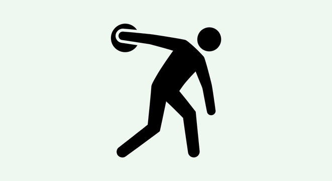 Dynamic black silhouette icon of a discus thrower in mid-action, illustrating the athletic sport of discus throwing, track and field events, and Olympic competition.
