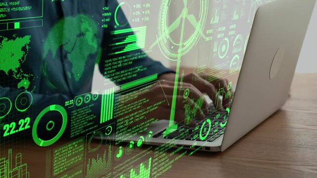 This image showcases a professional interacting with a laptop while surrounded by green energy data visualizations, illustrating modern technology and analysis in a business environment. Cipher
