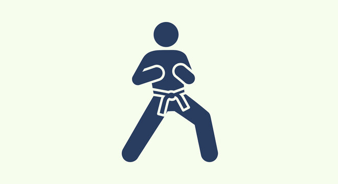 Dark blue silhouette icon of a martial artist in a ready fighting stance with a white belt, representing karate, self-defense, and combat sports training.