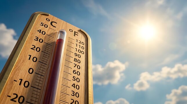 Close-up of a thermometer showing high temperature under a bright sunny sky with clouds