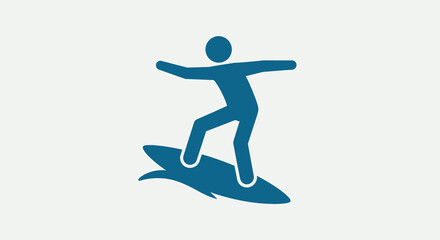 Fototapeta premium Stylized blue silhouette of a surfer riding a wave on a surfboard, isolated on a light grey background